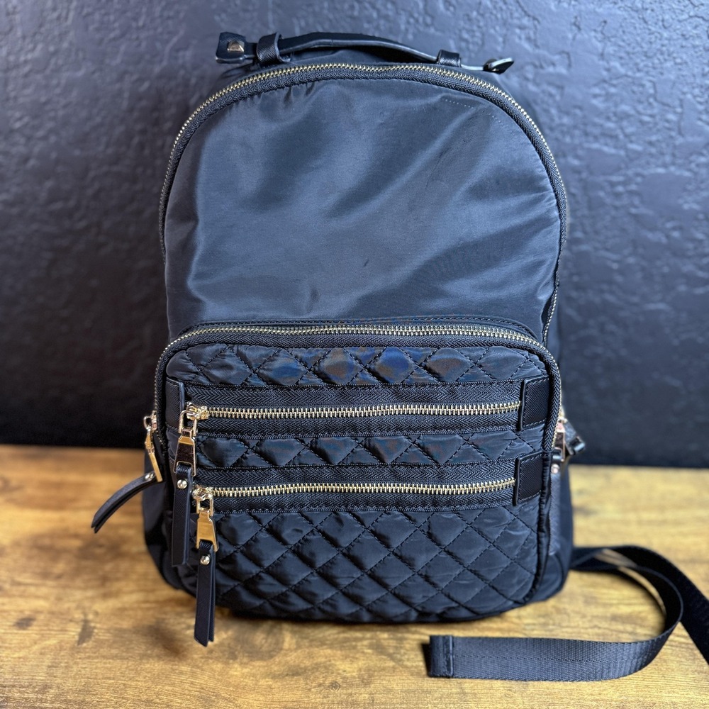 Mistique‎ Quilted Black Nylon Multi-Zip Backpack Women Medium